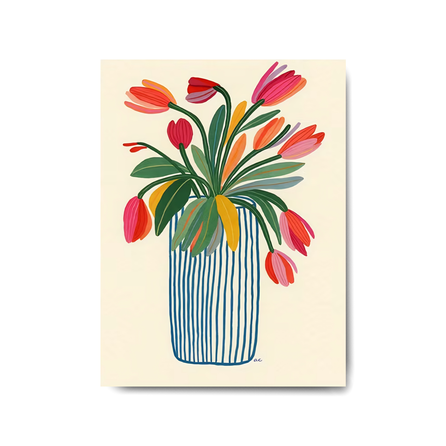 Illustration sur toile 30x40cm d'un bouquet de tulipes colorées dans un vase rayé bleu, idéale pour de la décoration murale.