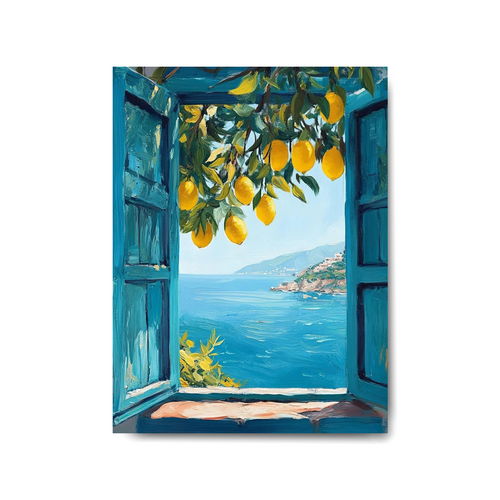 Impression sur toile de style impressionniste montrant une fenêtre bleue ouverte sur la mer Méditerranée, encadrée par un citronnier chargé de fruits.