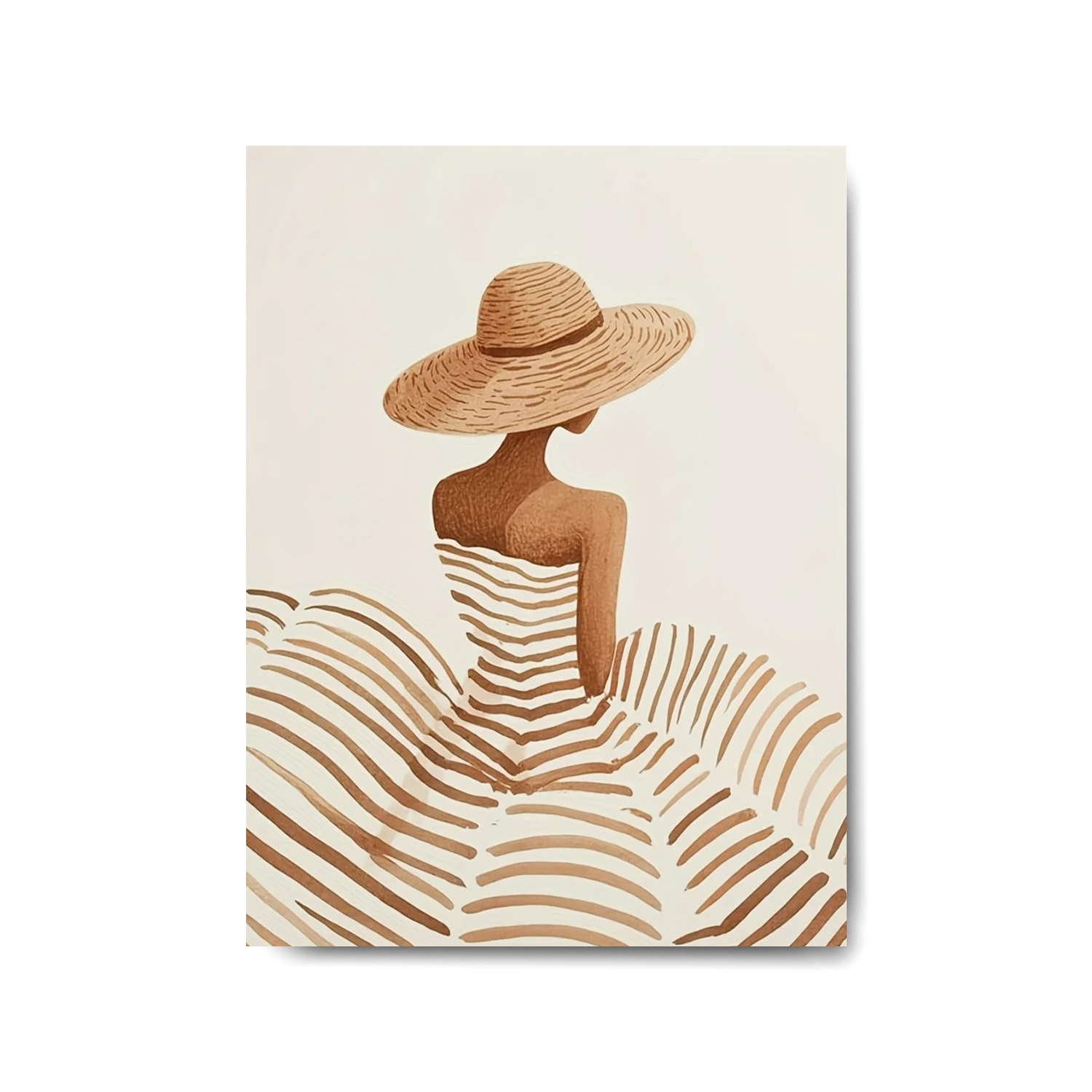Affiche de décoration murale sur toile 30x40cm montrant une silhouette féminine de dos avec un grand chapeau de paille et une jupe rayée volumineuse.