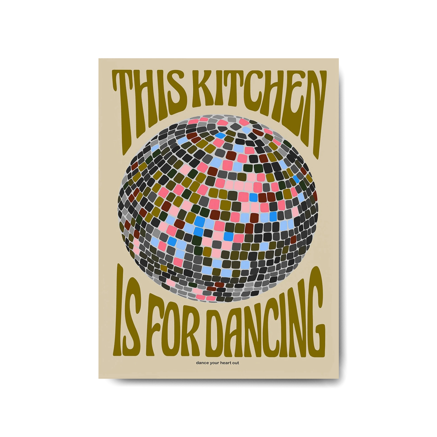 Affiche de décoration murale sur toile 30x40cm avec le texte rétro This Kitchen is for Dancing autour d'une boule à facettes multicolore.