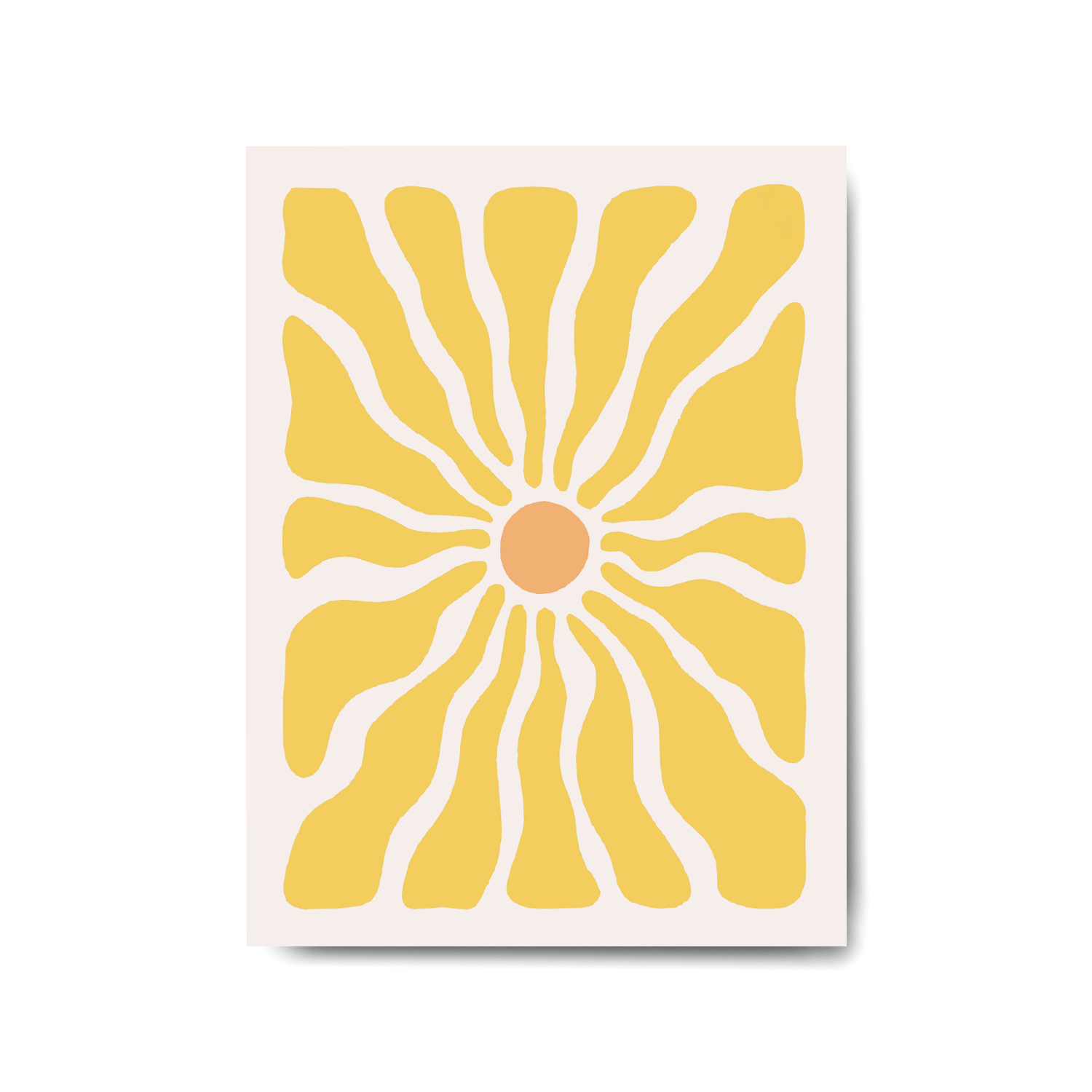 Affiche de décoration murale sur toile 30x40cm représentant un soleil jaune irradiant aux formes abstraites et organiques d'inspiration rétro.