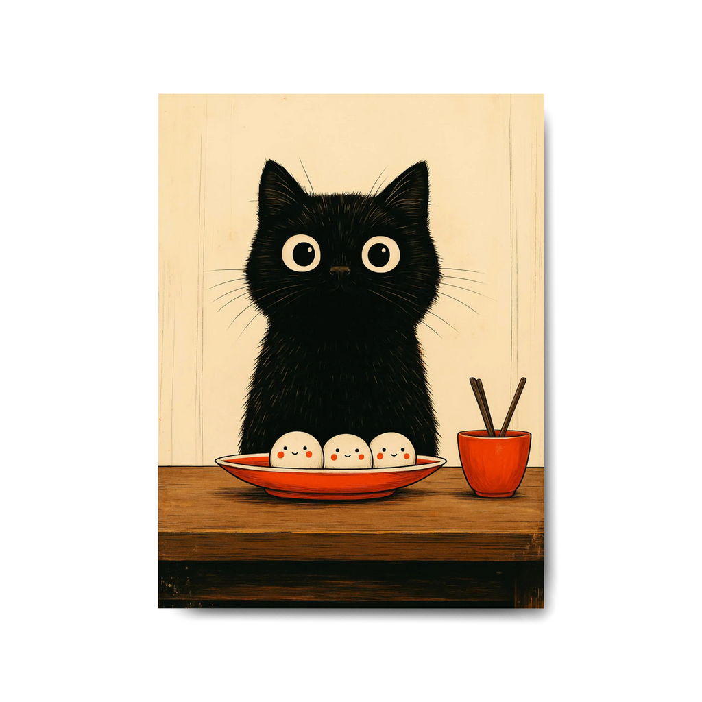 Affiche de décoration murale sur toile 30x40cm représentant une illustration amusante d'un chat noir aux grands yeux regardant trois boulettes de riz japonaises souriantes sur une table.