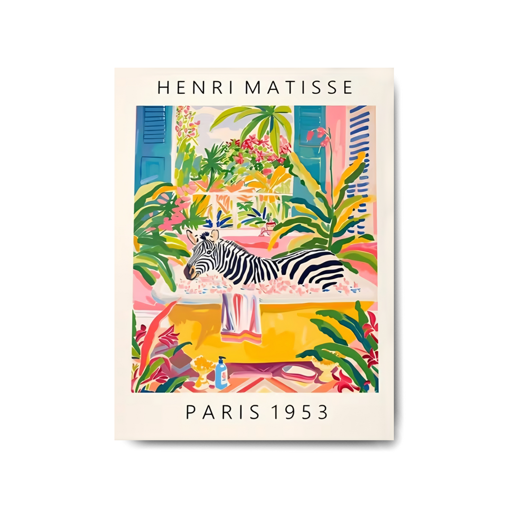 Affiche d'art sur toile 30x40cm d'inspiration Matisse représentant un zèbre se prélassant dans une baignoire jaune au milieu de plantes tropicales colorées, avec les mentions Henri Matisse et Paris 1953.